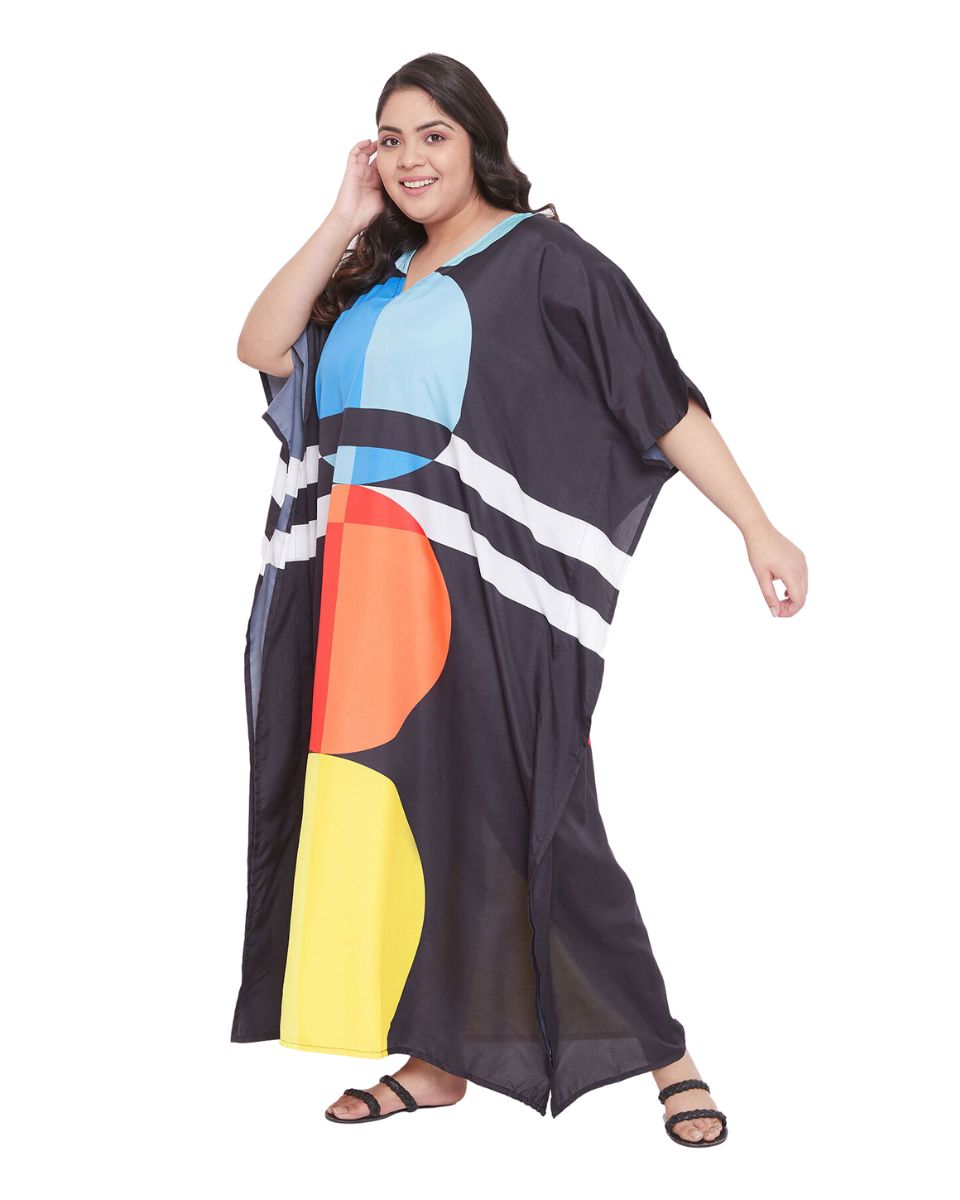 Geometric Printed Black Theme Multicolor Polyester Kaftan for Women