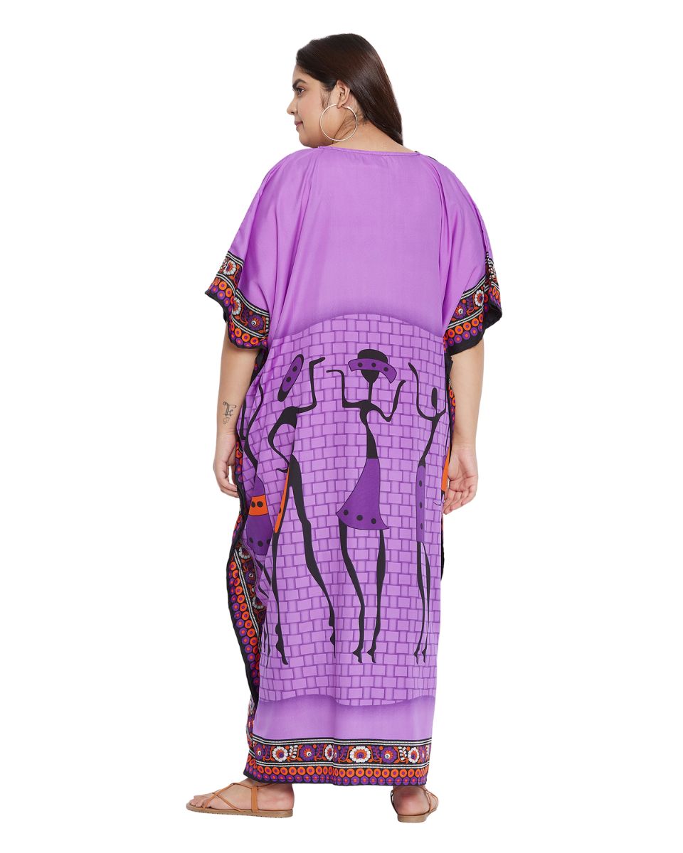 Women Purple Polyester Tribal Printed Kaftan Plus Size Dress