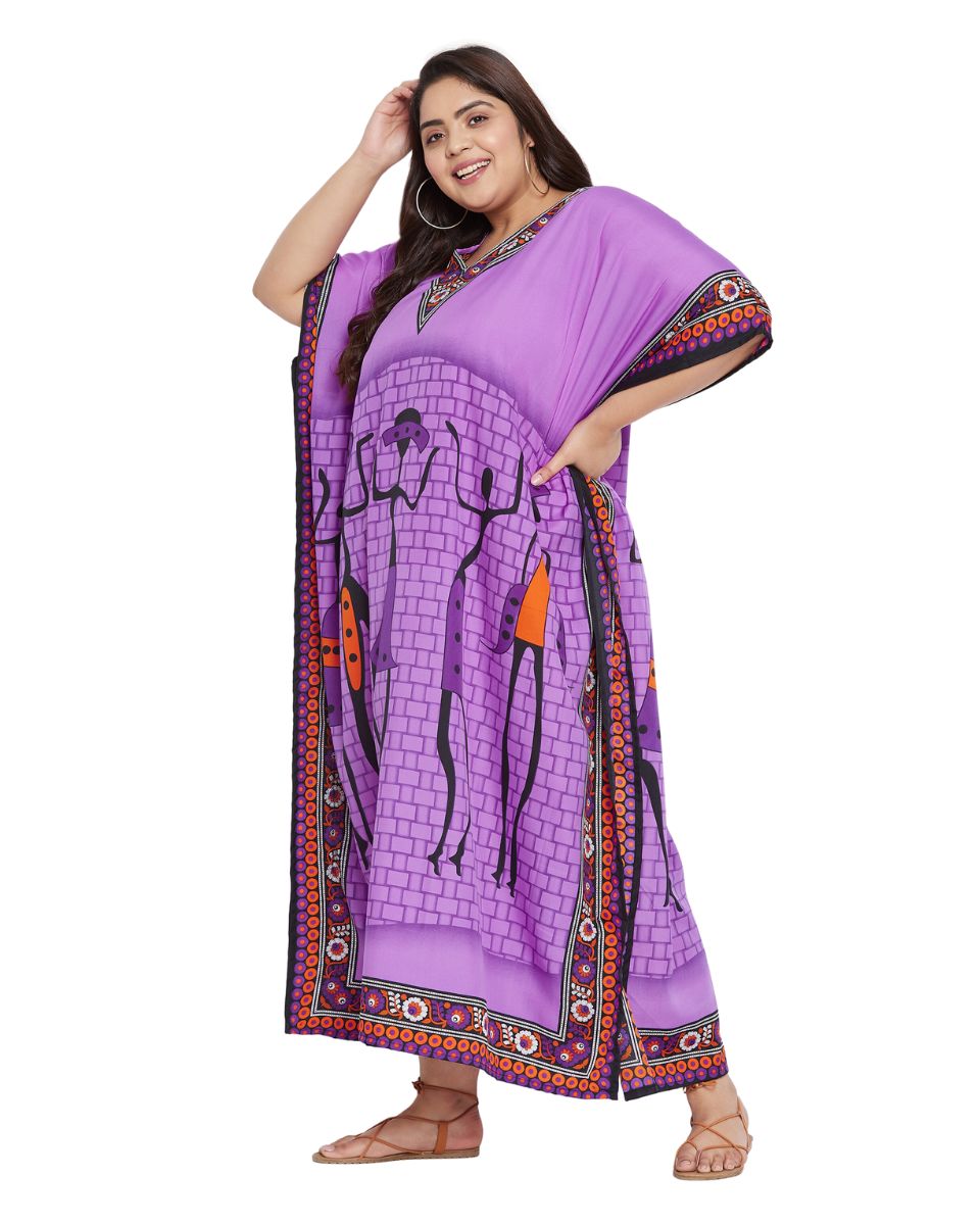 Tribal Printed Purple Polyester Kaftan Dress for Women