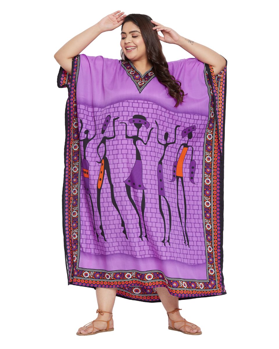 Women Purple Polyester Tribal Printed Kaftan Plus Size Dress