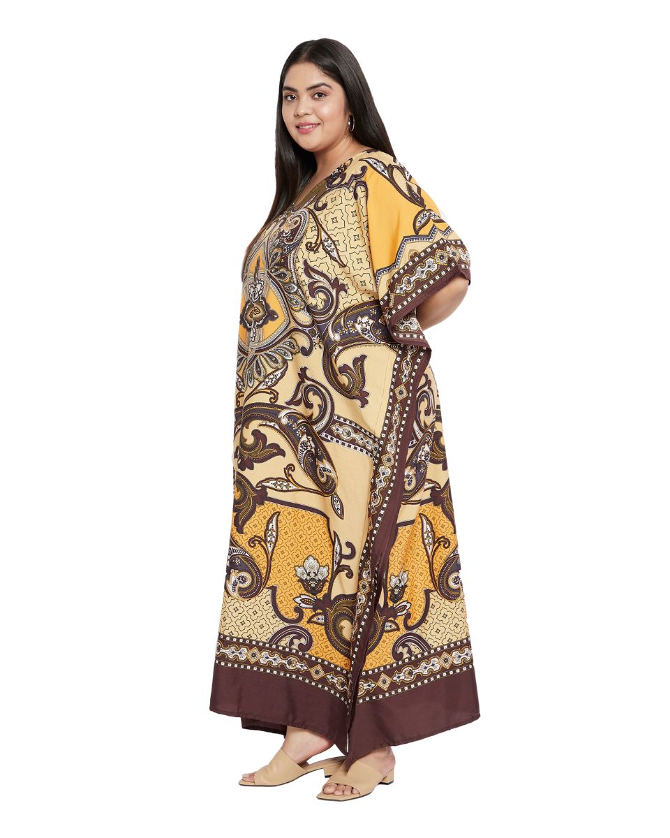 Floral Printed Yellow Polyester Kaftan Plus Size Dress For Women