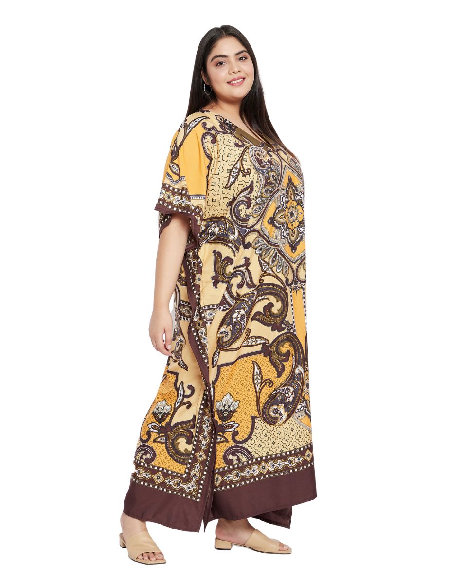 Floral Printed Yellow Polyester Kaftan Plus Size Dress For Women