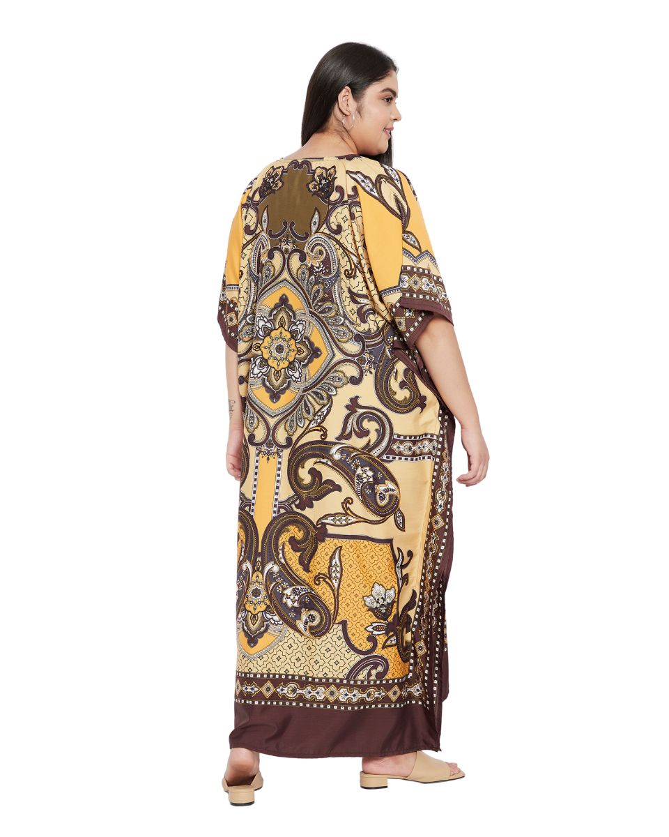 Floral Printed Yellow Polyester Kaftan Plus Size Dress For Women