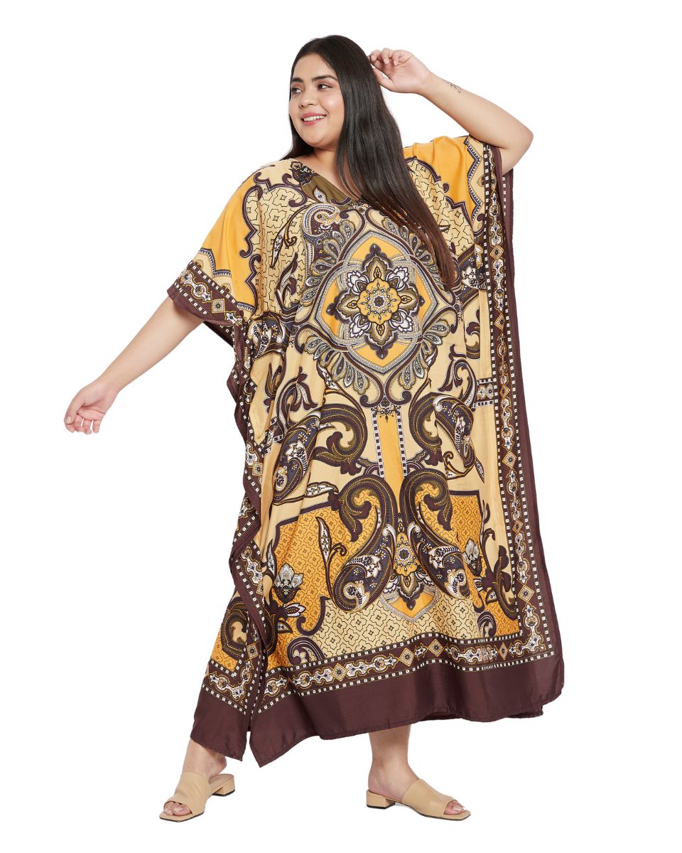 Floral Printed Yellow Polyester Kaftan Plus Size Dress For Women