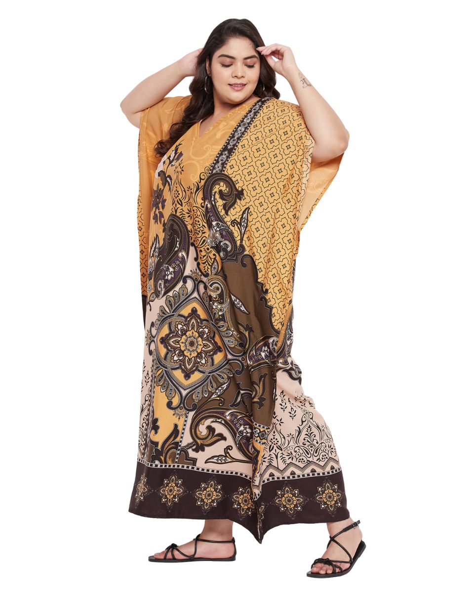 Floral Printed Brown Polyester Plus size Kaftan Dress For Women