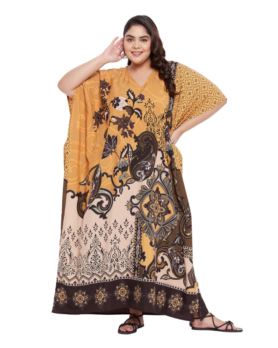 Floral Printed Brown Polyester Kaftan Dress for Women