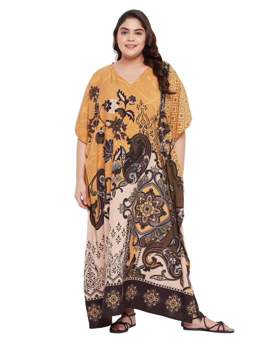 Floral Printed Brown Polyester Plus size Kaftan Dress For Women