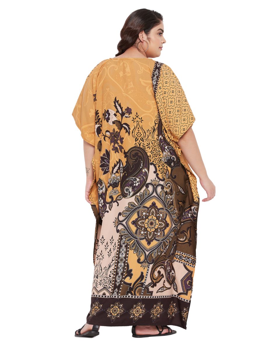 Floral Printed Brown Polyester Plus size Kaftan Dress For Women