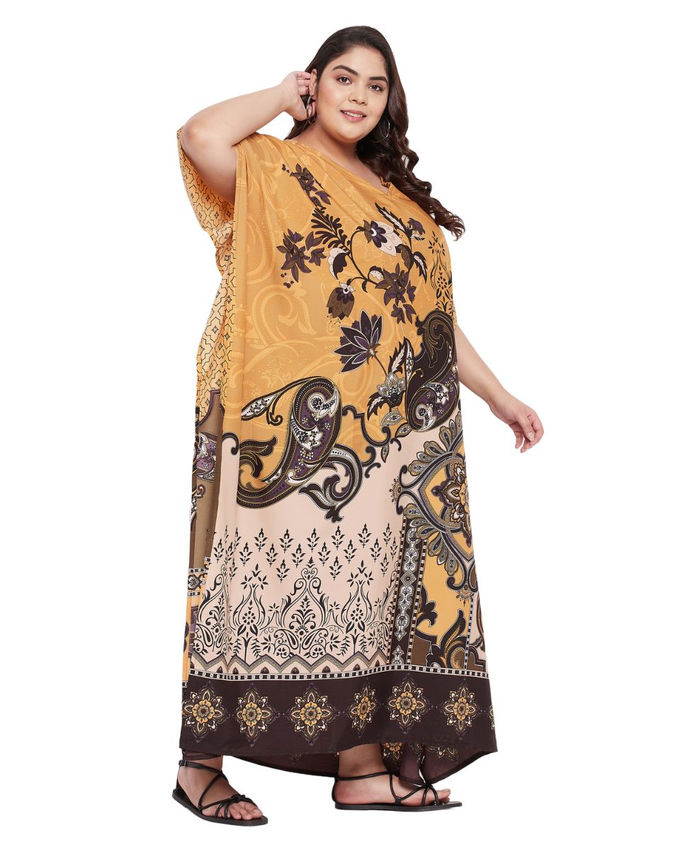 Floral Printed Brown Polyester Plus size Kaftan Dress For Women