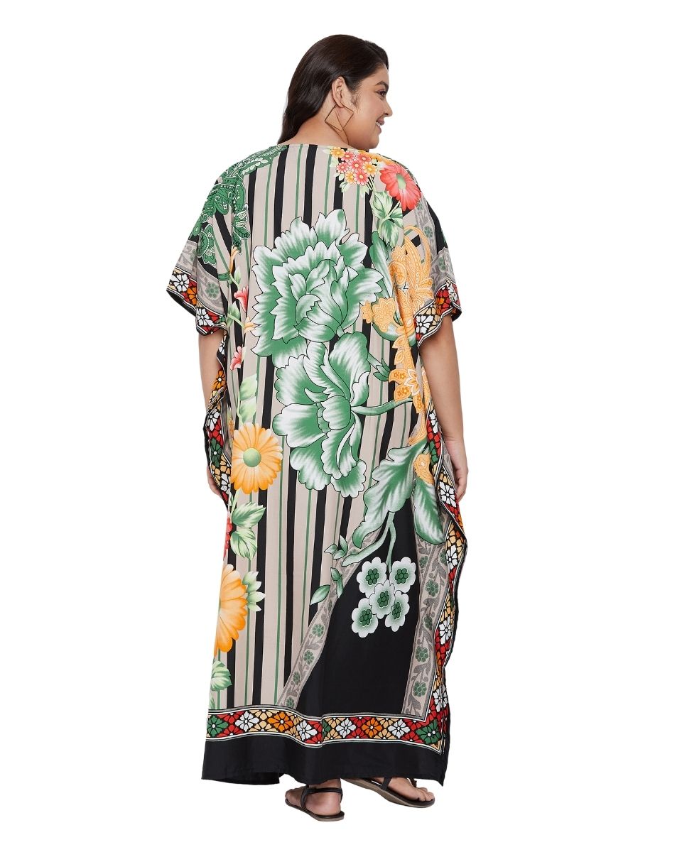 Floral Printed Multicolor Polyester Kaftan Dress For Plus Size Women