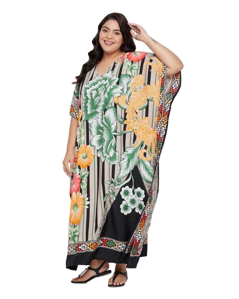 Floral Printed Multicolor Polyester Kaftan Dress For Plus Size Women