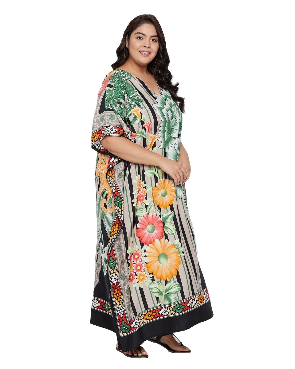 Floral Printed Multicolor Polyester Kaftan Dress For Plus Size Women