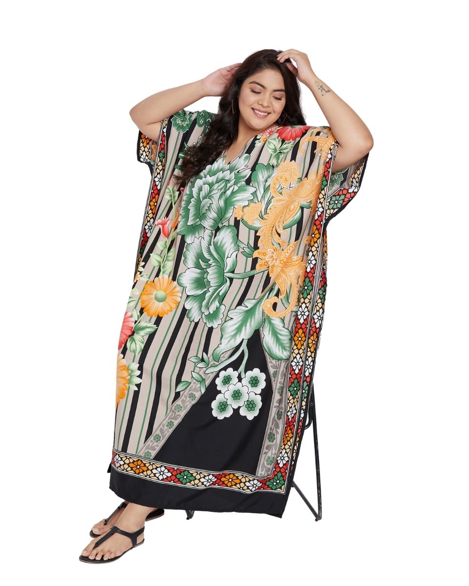 Floral Printed Multicolor Polyester Kaftan Dress For Plus Size Women