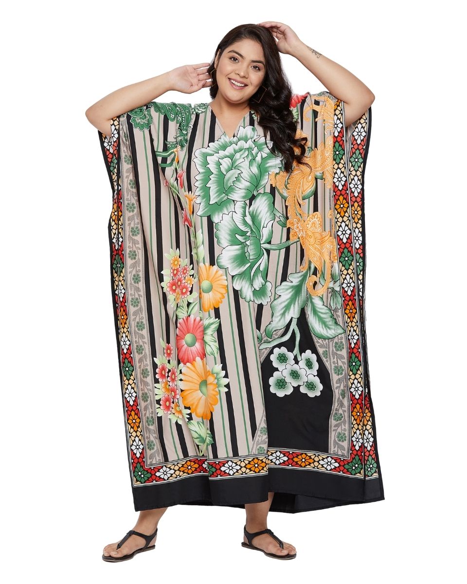 Floral Printed Multicolor Polyester Kaftan Dress For Plus Size Women