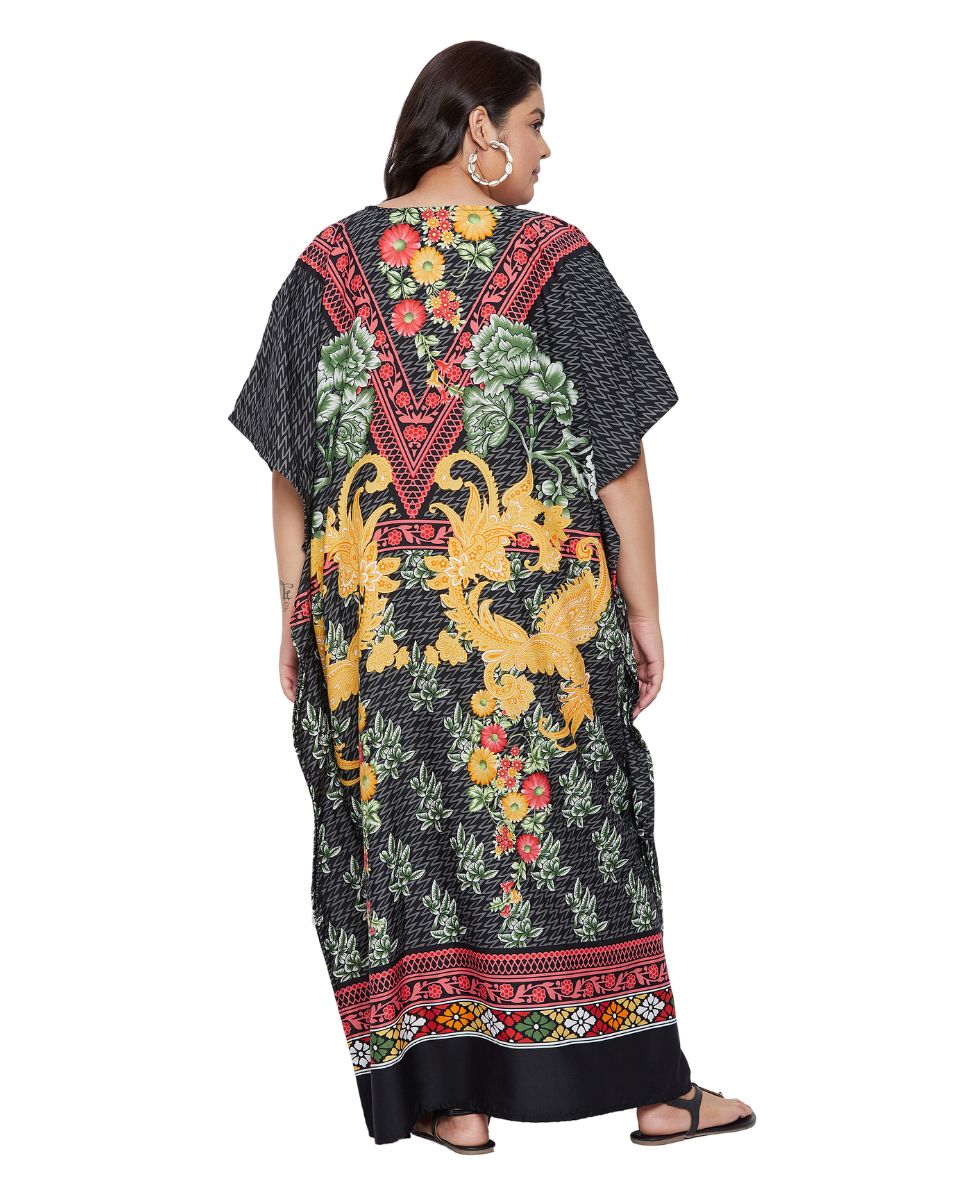 Floral Printed Black Polyester Kaftan Dress for Women