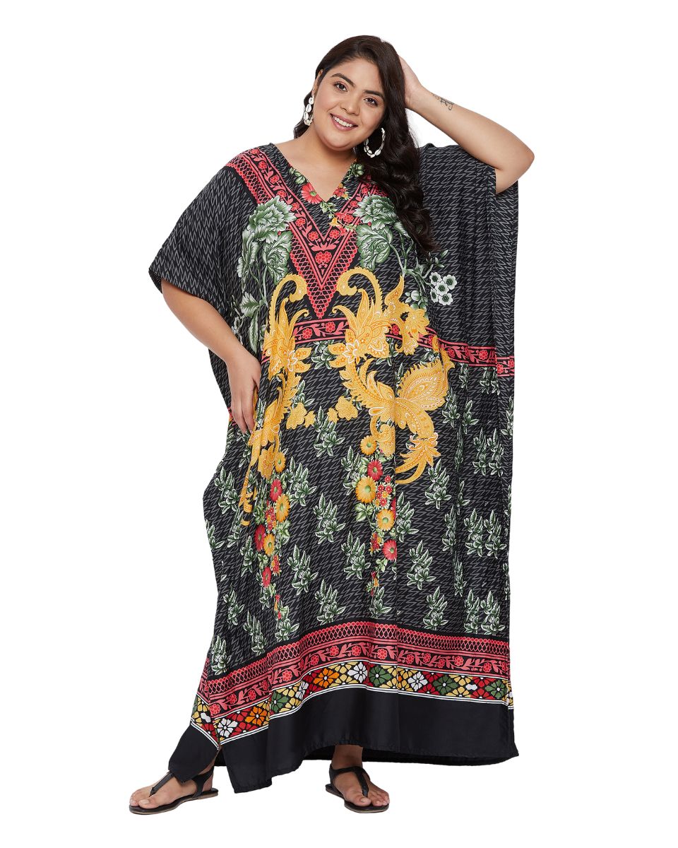 Floral Printed Black Polyester Kaftan Dress For Plus Size Women