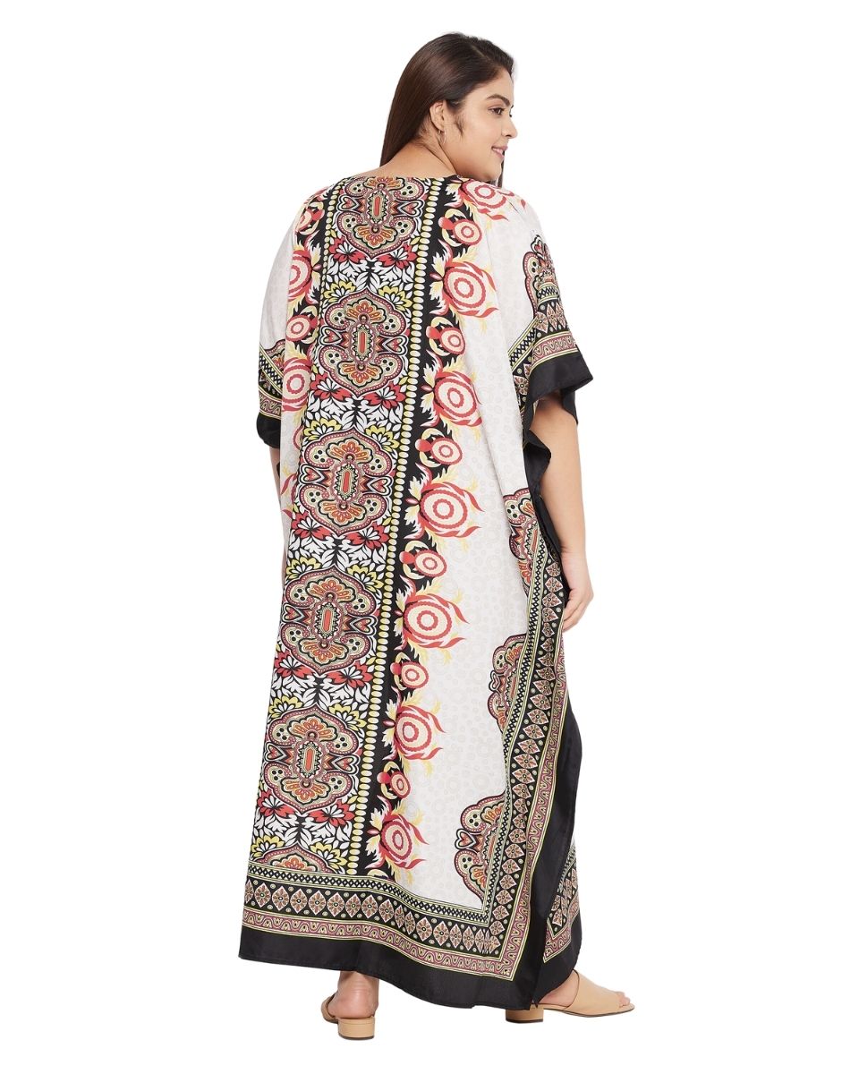 Floral Printed White Polyester Kaftan Plus Size Dress For Women