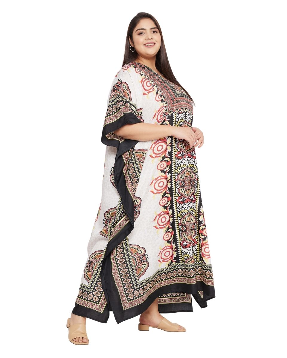 Floral Printed White Polyester Kaftan Plus Size Dress For Women