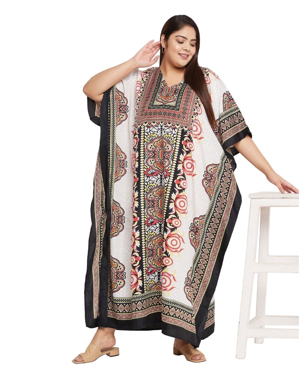 Floral Printed White Polyester Kaftan Plus Size Dress For Women