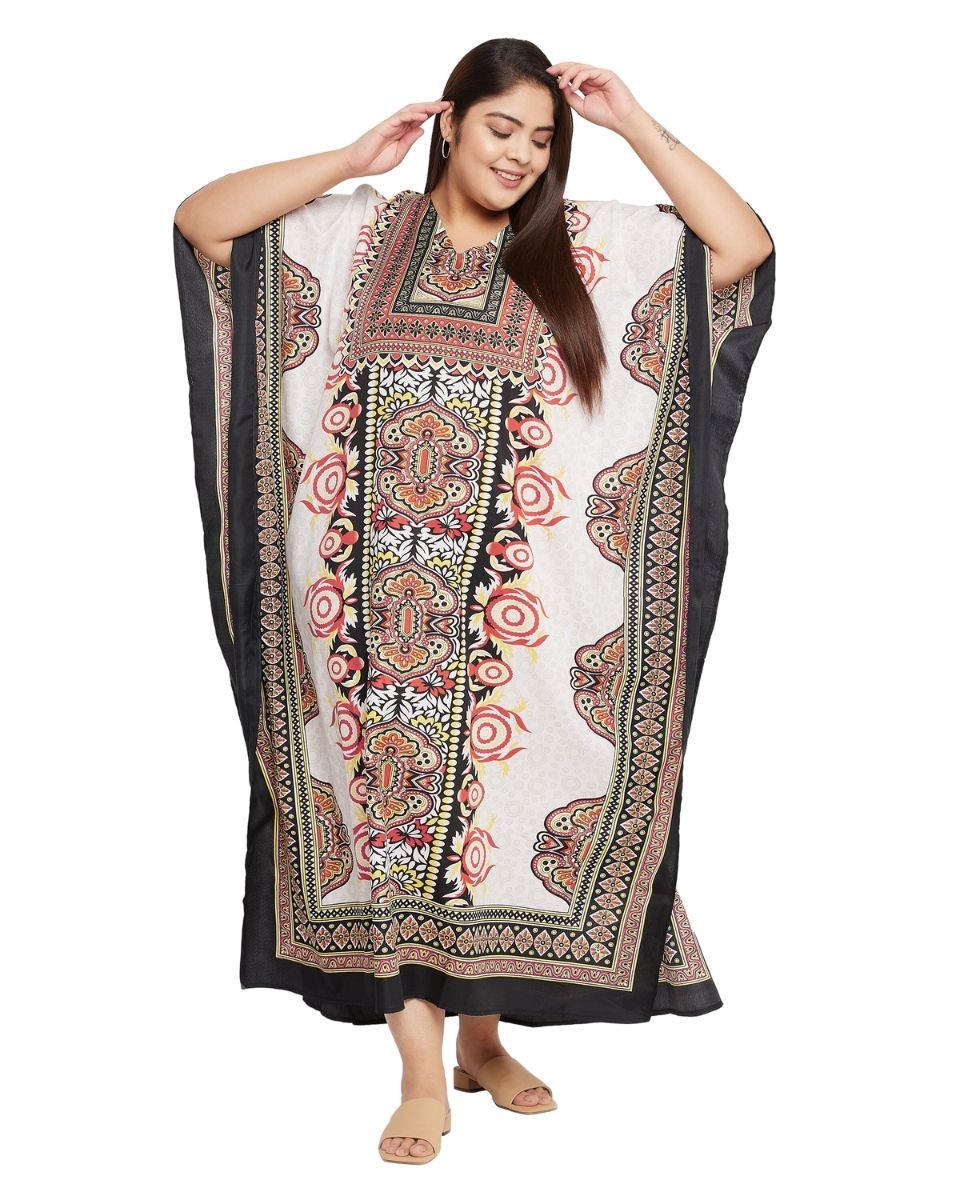 Floral Printed White Polyester Kaftan Plus Size Dress For Women