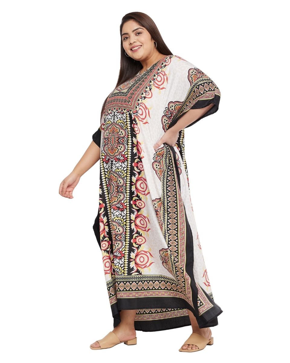 Floral Printed White Polyester Kaftan Plus Size Dress For Women