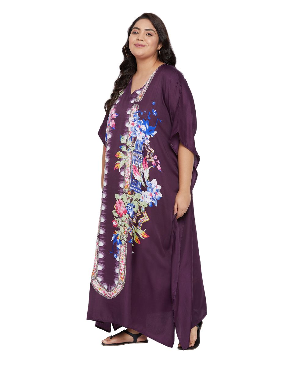 Floral Printed Plus Size Purple Polyester Kaftan Dress For Women