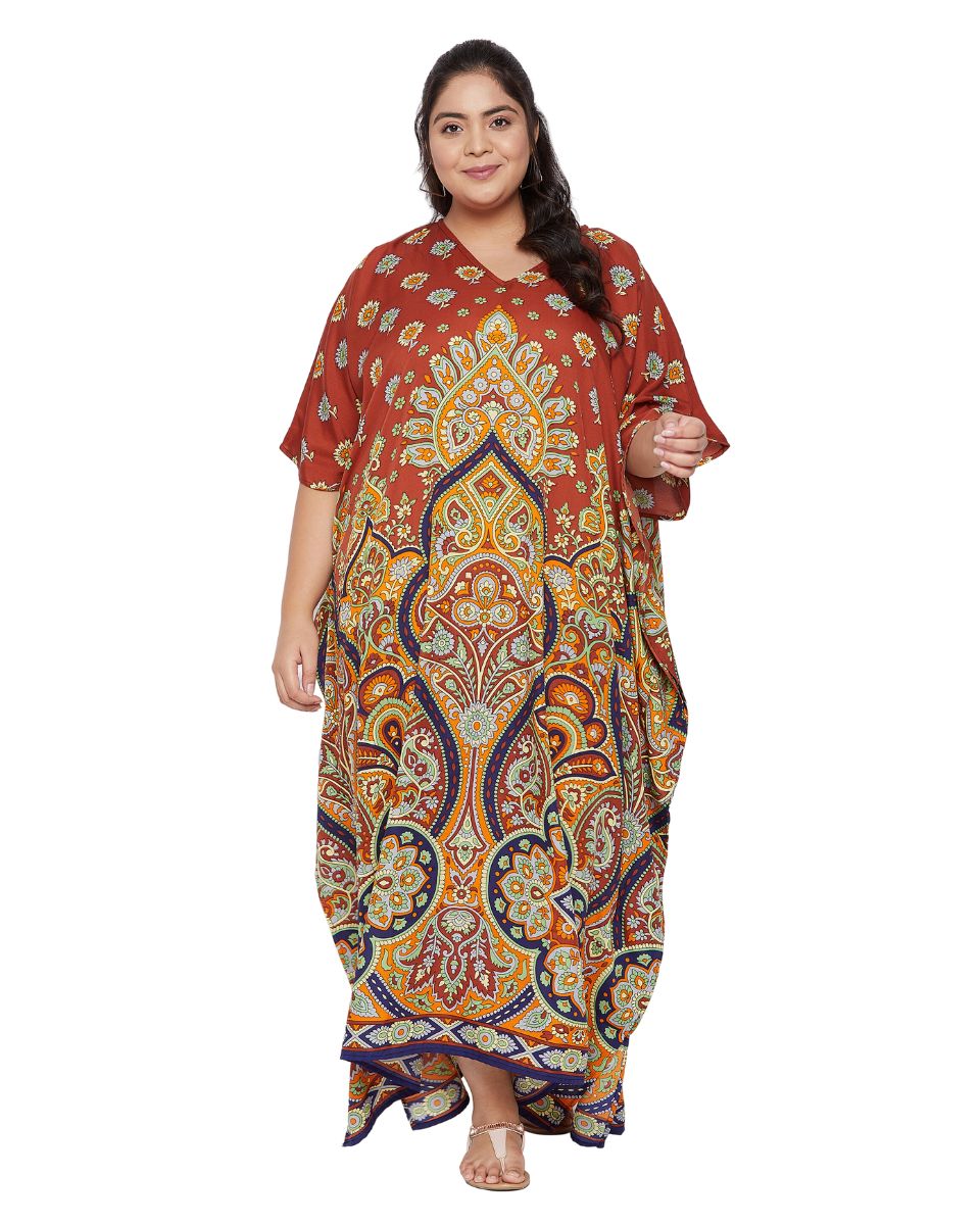 Floral Printed Multicolor Polyester Plus Size Kaftan For Women