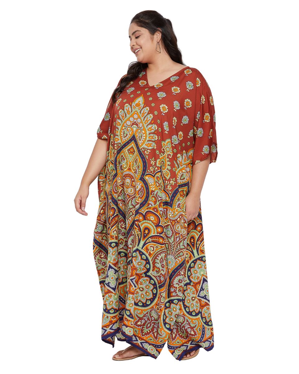 Floral Printed Multicolor Polyester Plus Size Kaftan For Women