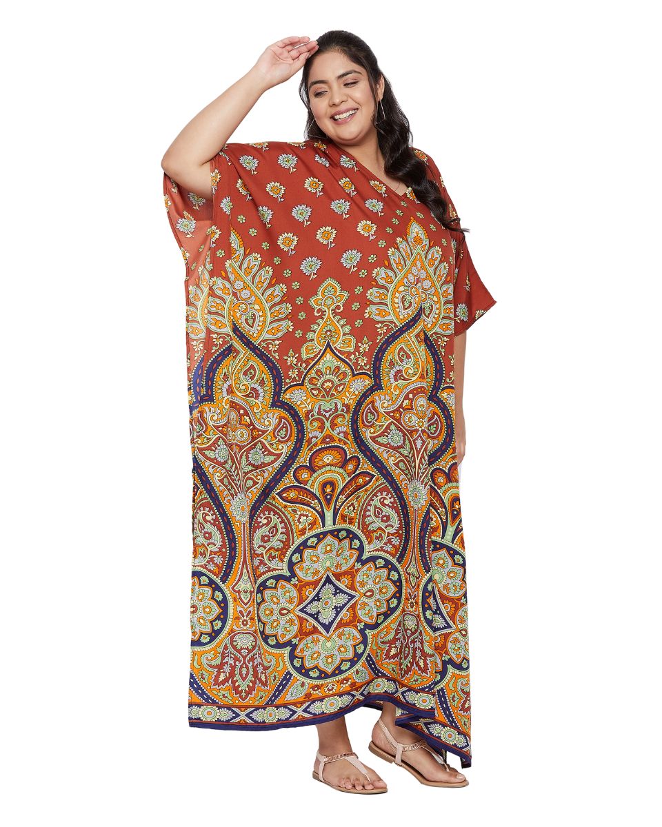 Floral Printed Multicolor Polyester Plus Size Kaftan For Women