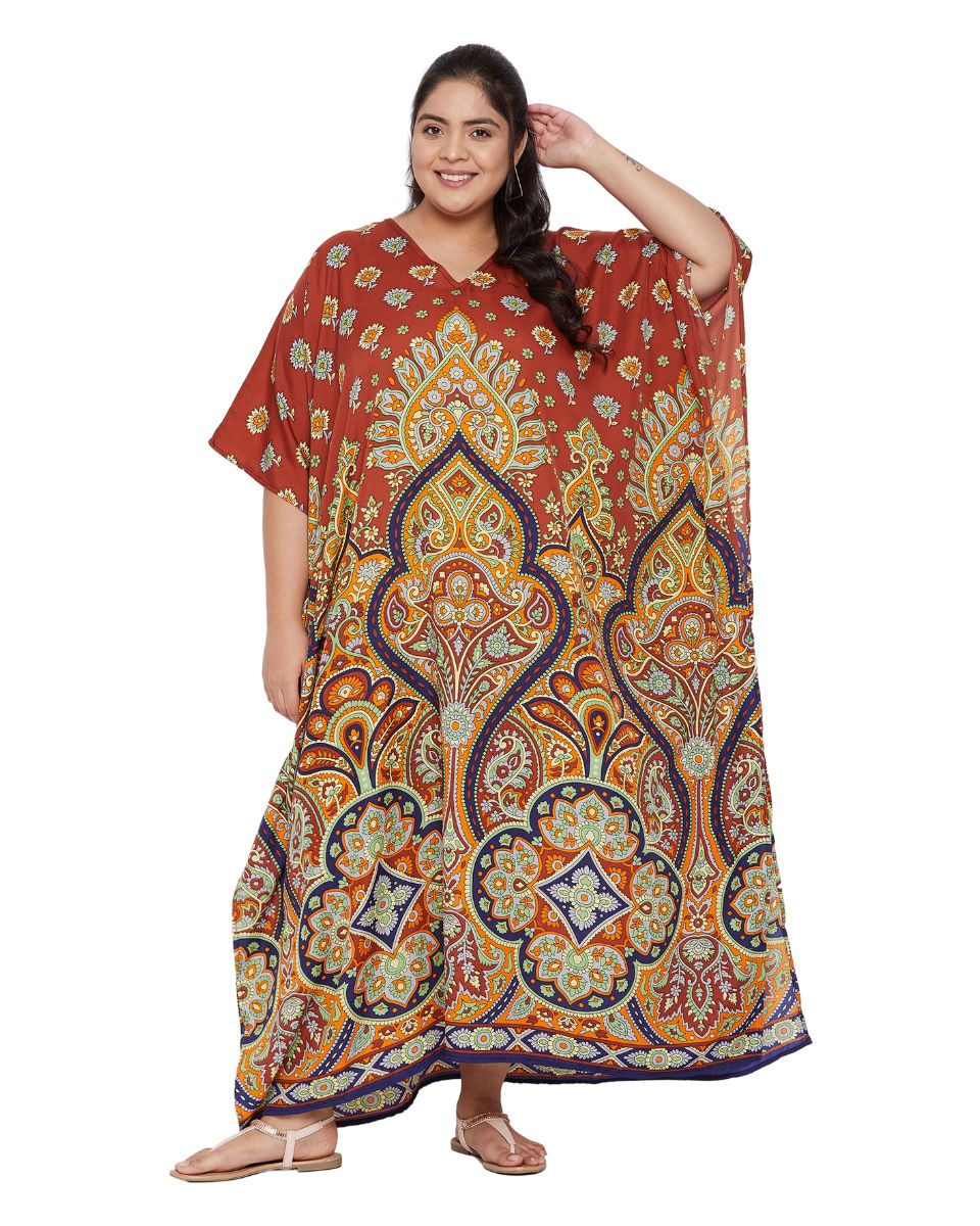 Floral Printed Multicolor Polyester Plus Size Kaftan For Women