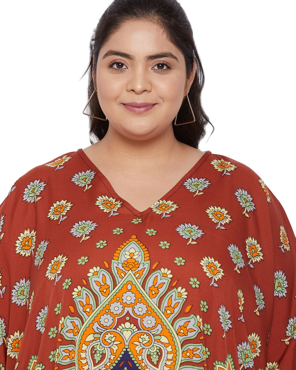 Floral Printed Multicolor Polyester Plus Size Kaftan For Women