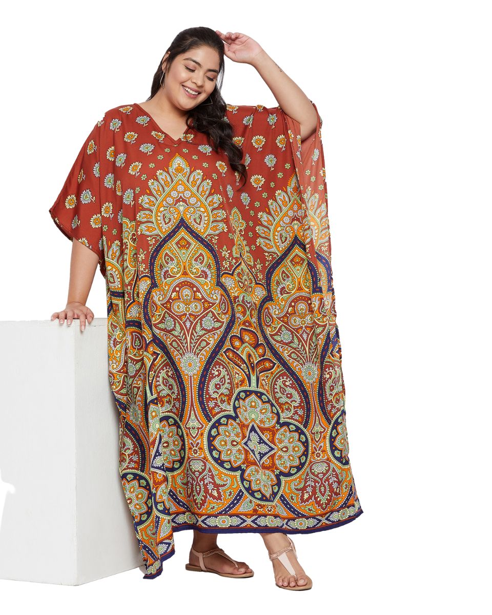 Floral Printed Multicolor Polyester Plus Size Kaftan For Women