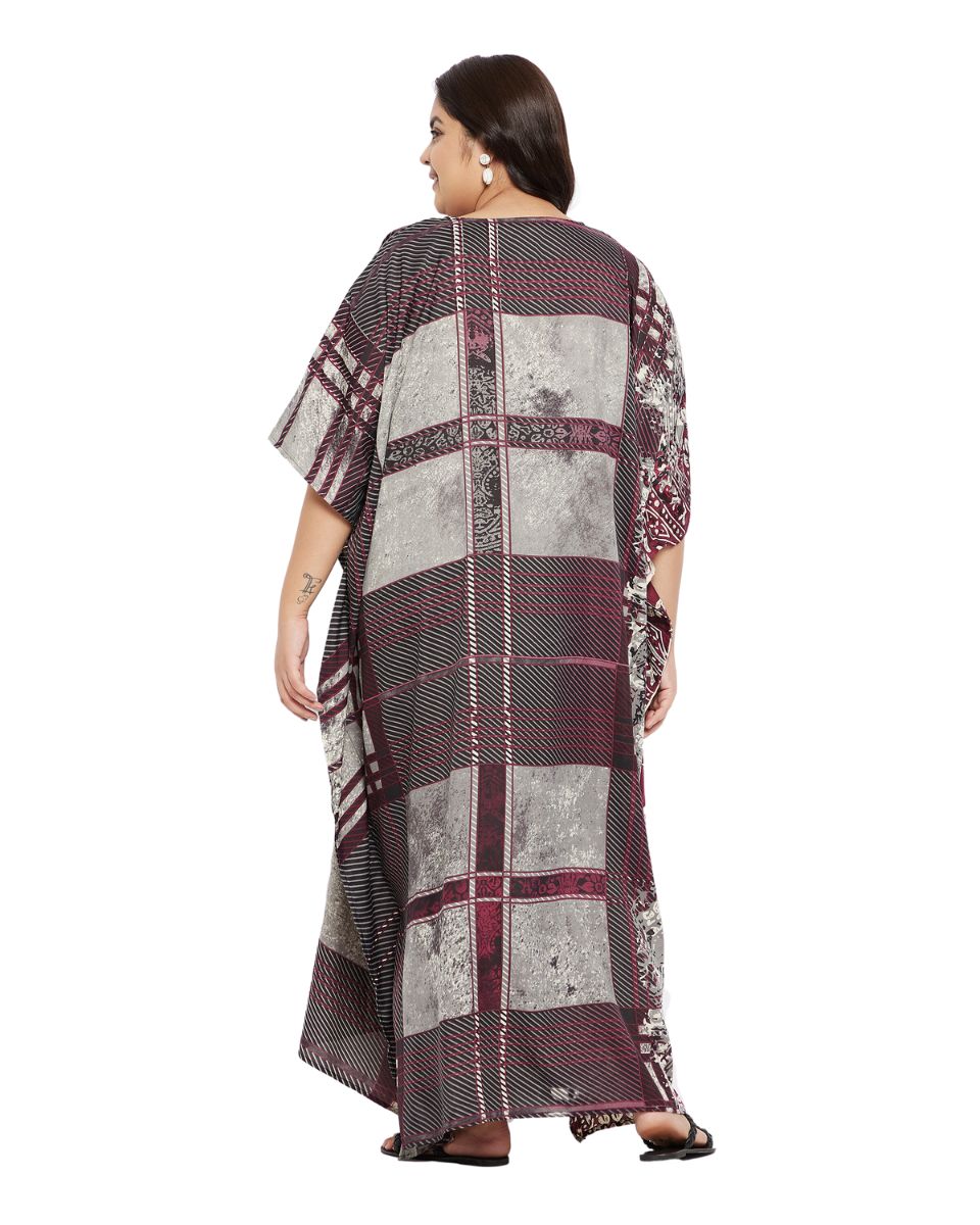 Geometric Printed Maroon Polyester Kaftan Dress for Women