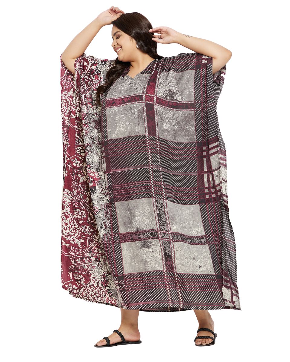 Geometric Printed Maroon Polyester Kaftan Dress for Women