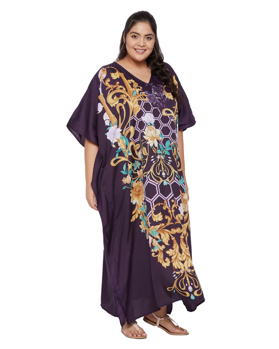 Floral Printed Purple Polyester Plus Size Kaftan Dress For Women