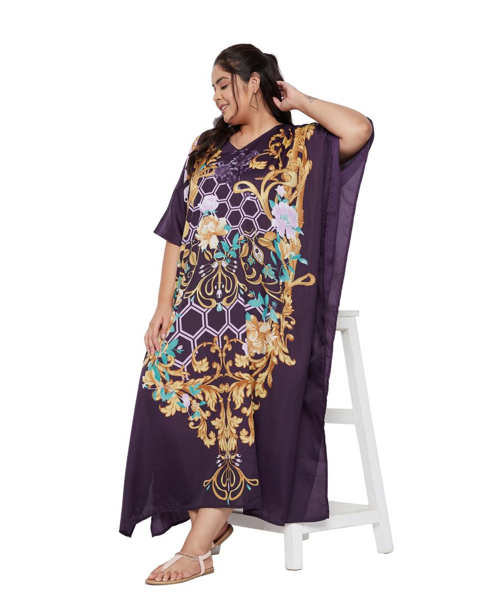 Floral Printed Purple Polyester Kaftan Dress for Women