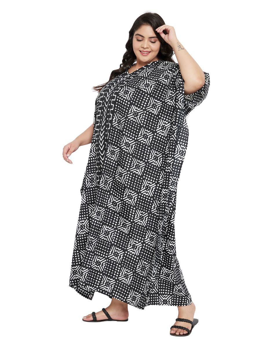 Geometric Printed Plus Size Black Polyester Kaftan Dress For Women