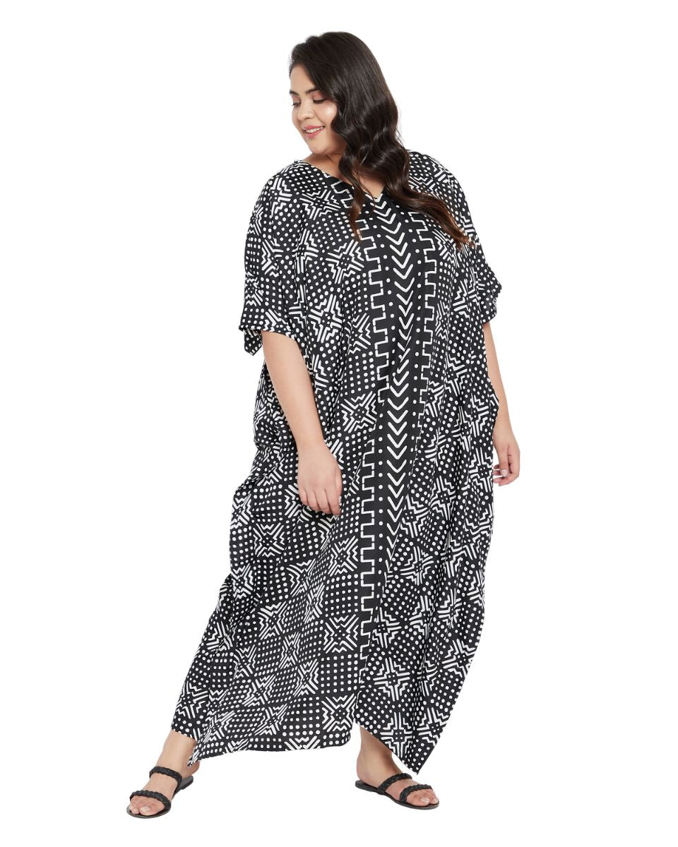 Geometric Printed Plus Size Black Polyester Kaftan Dress For Women