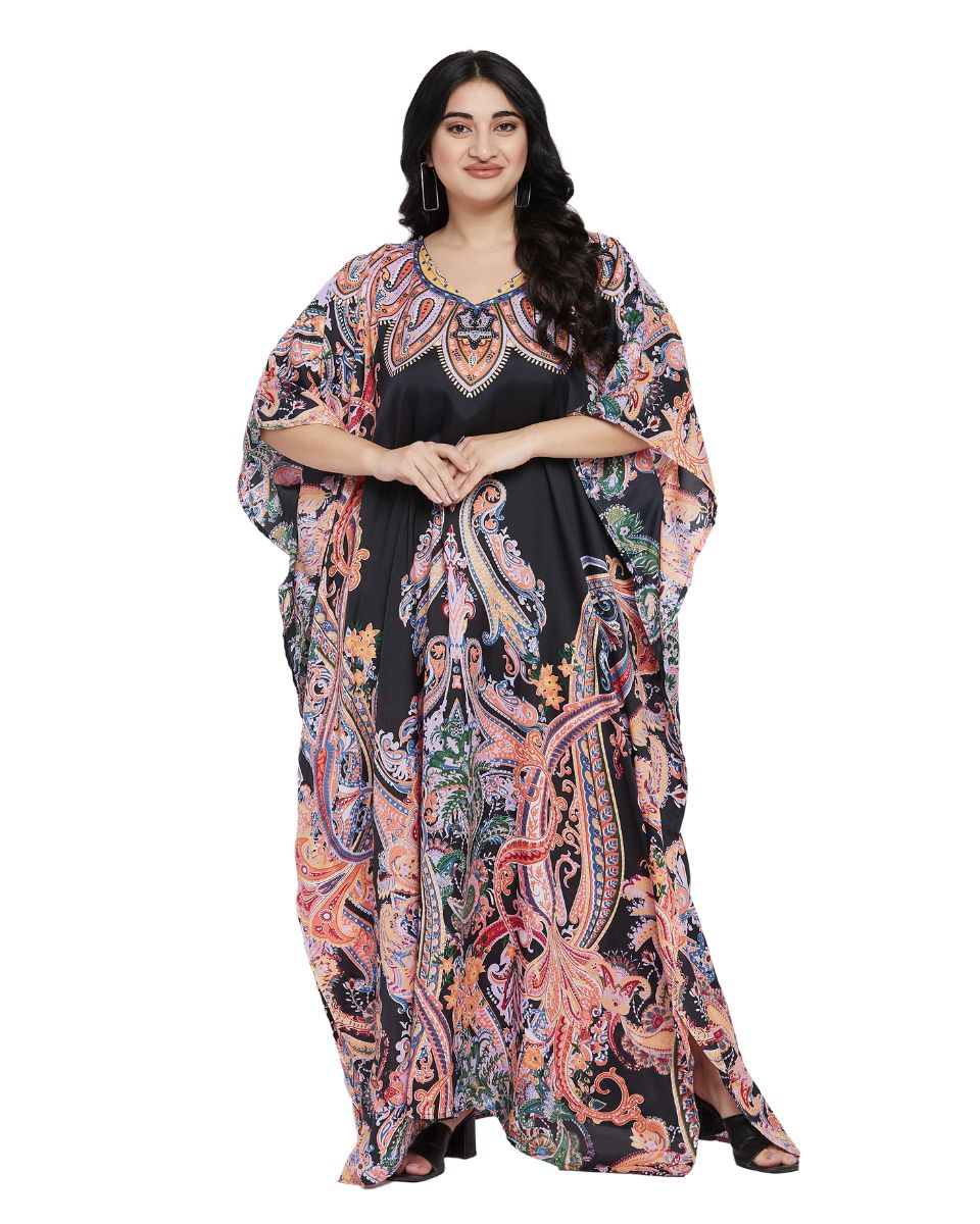 Paisley Printed Black Polyester Plus Size Kaftan Dress For Women