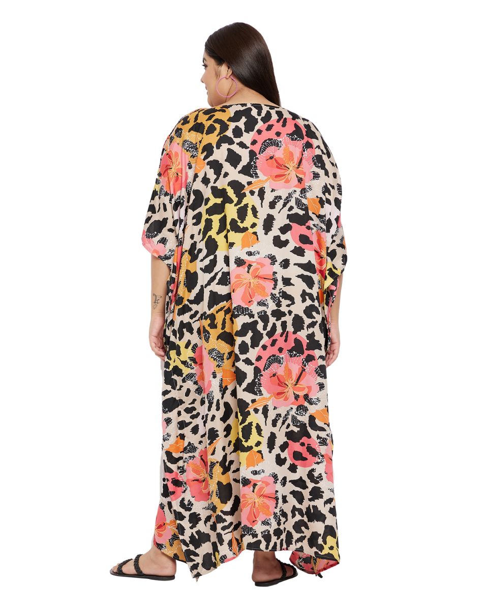 Floral And Animal Printed Multicolor Plus Size Polyester Kaftan For Women