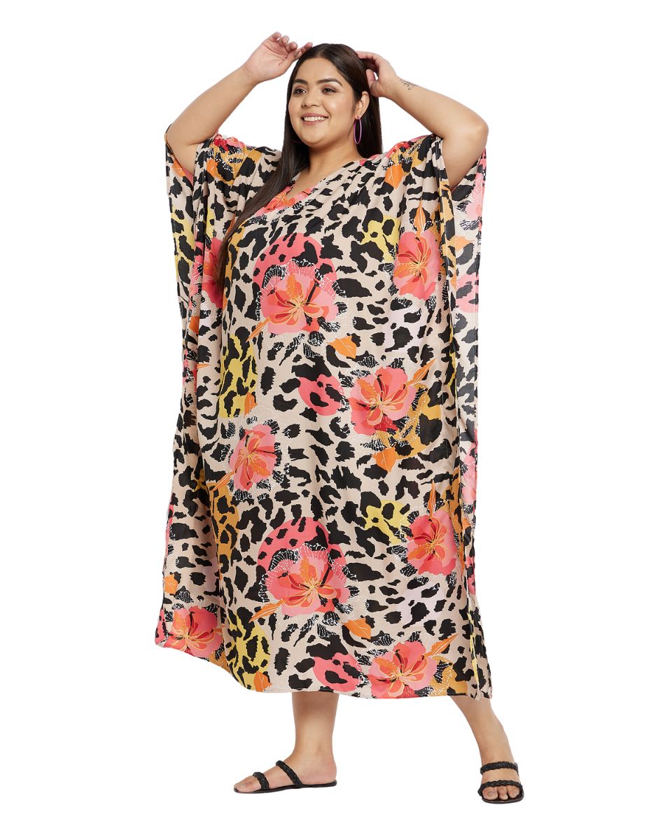 Floral And Animal Printed Multicolor Plus Size Polyester Kaftan For Women