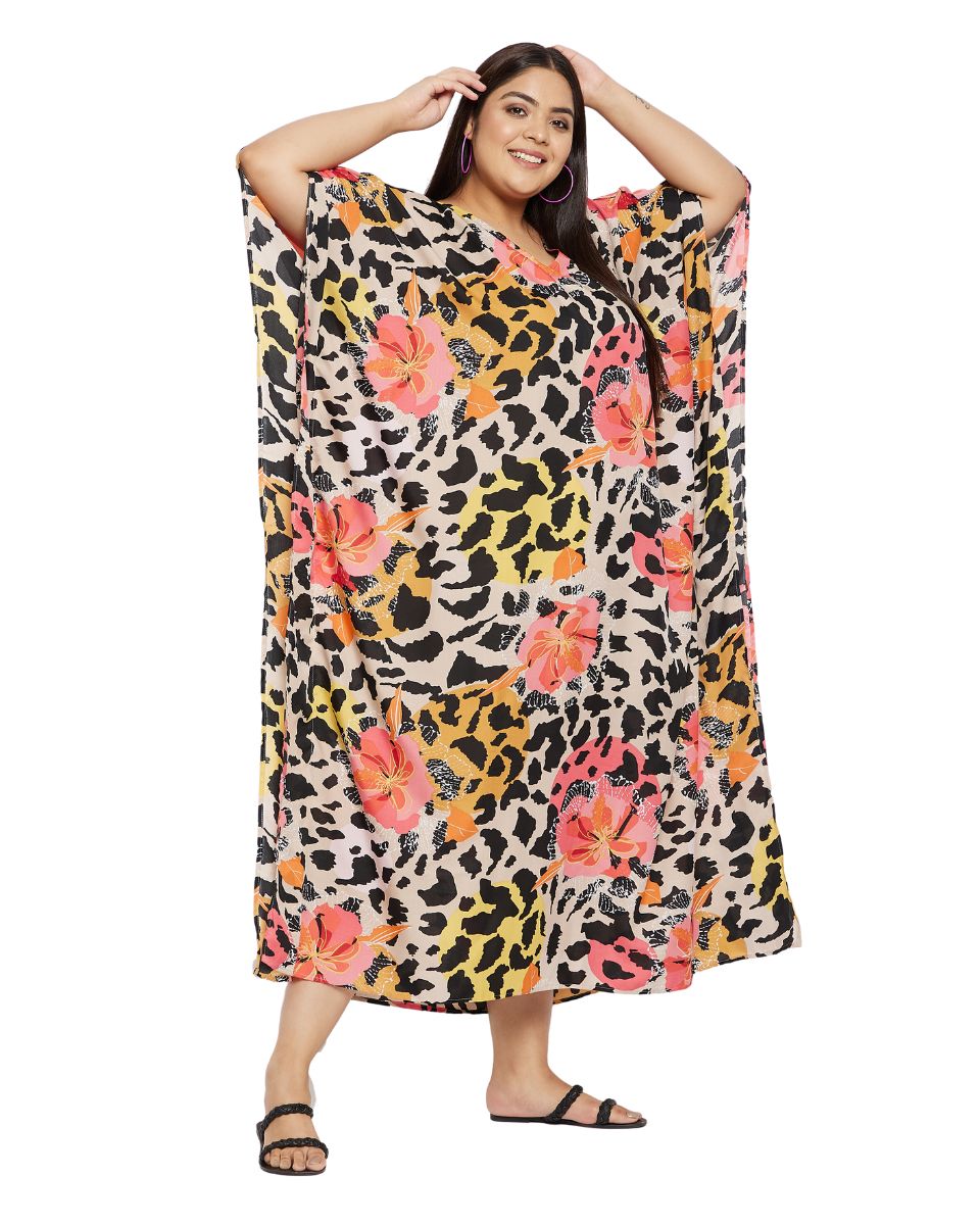 Floral And Animal Printed Multicolor Plus Size Polyester Kaftan For Women