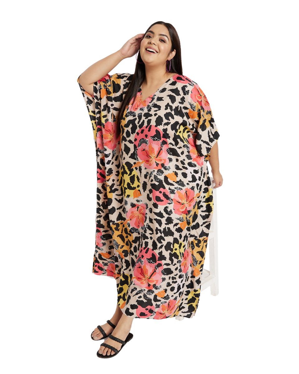 Floral And Animal Printed Multicolor Plus Size Polyester Kaftan For Women