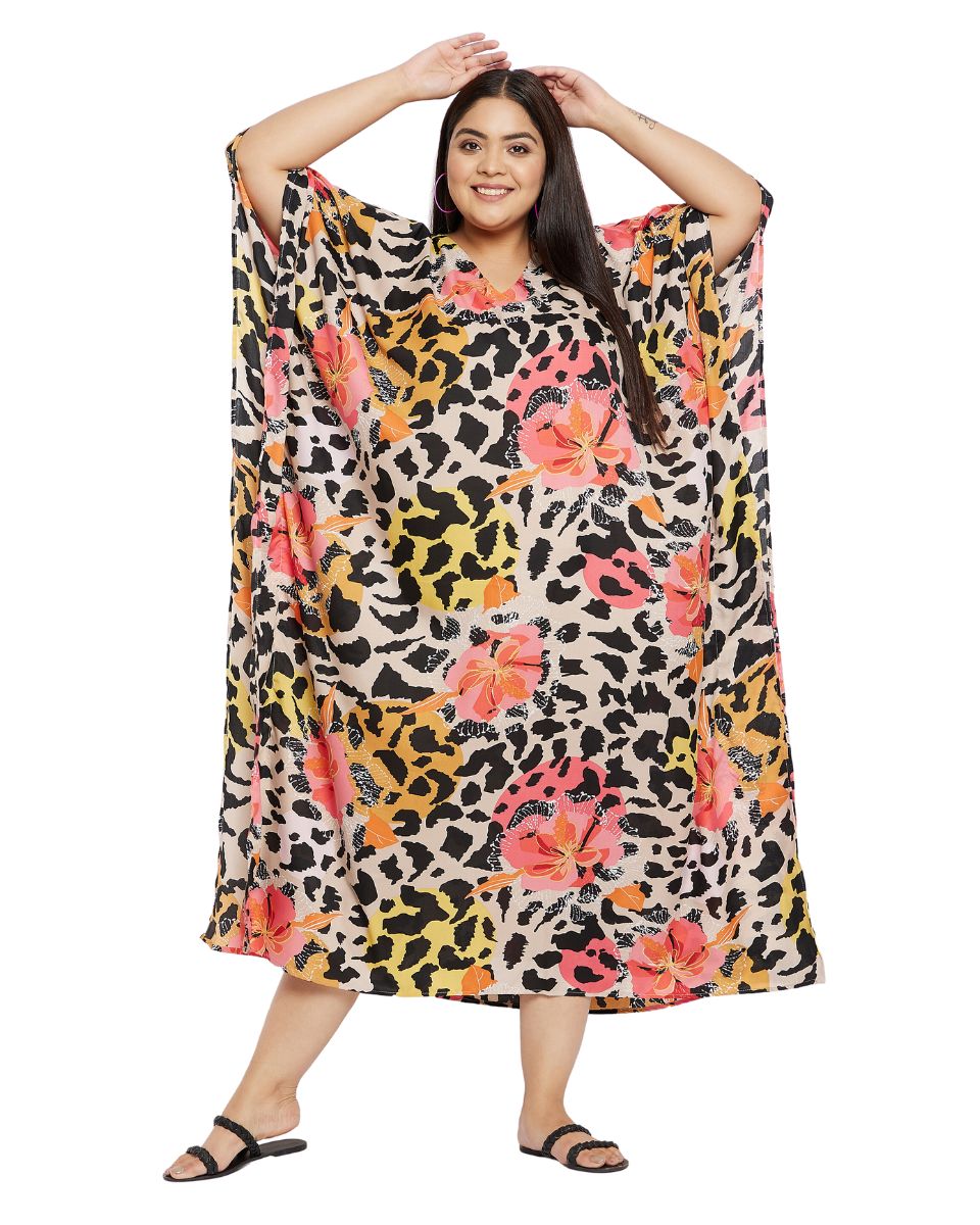 Floral And Animal Printed Multicolor Plus Size Polyester Kaftan For Women