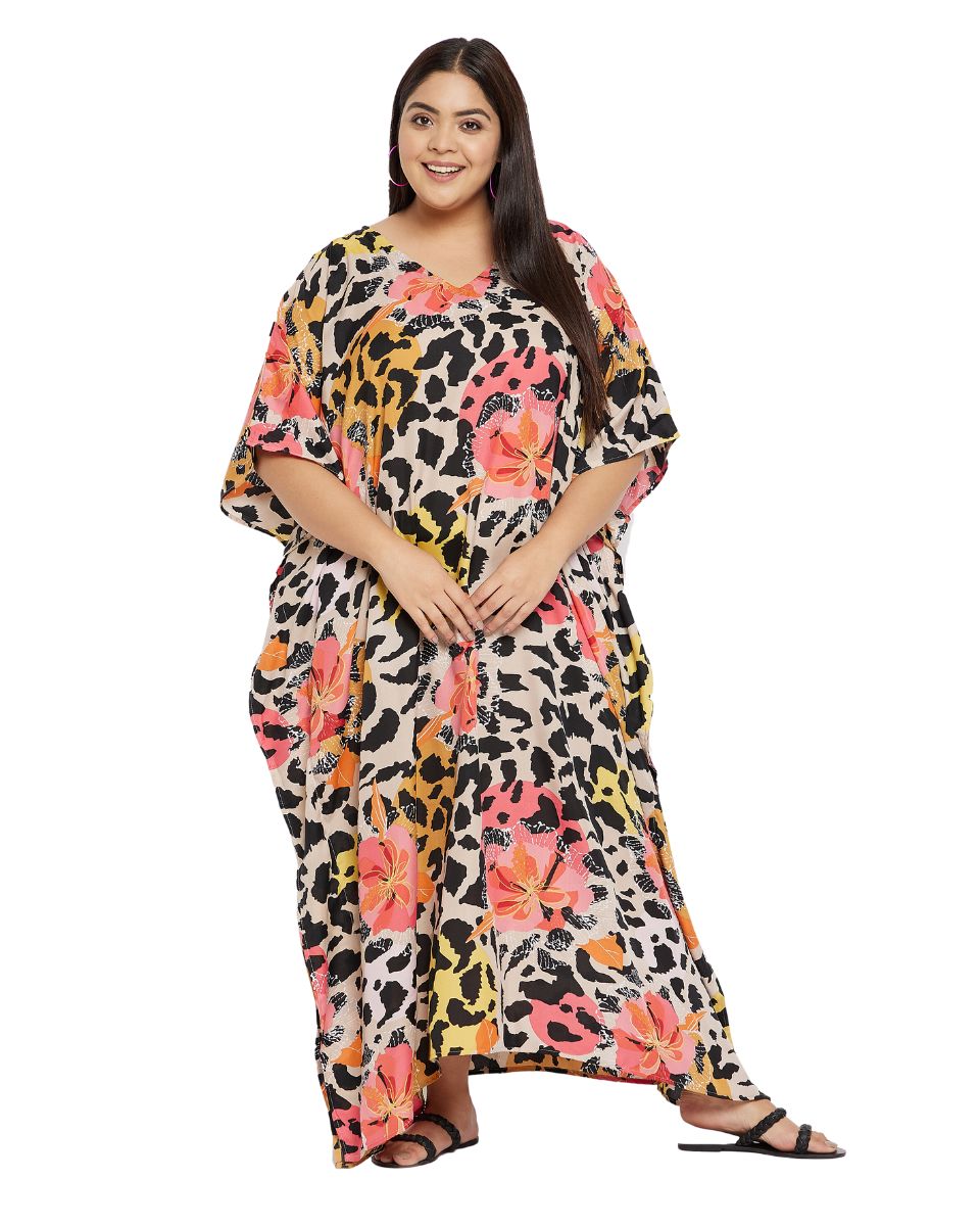 Floral And Animal Printed Multicolor Plus Size Polyester Kaftan For Women