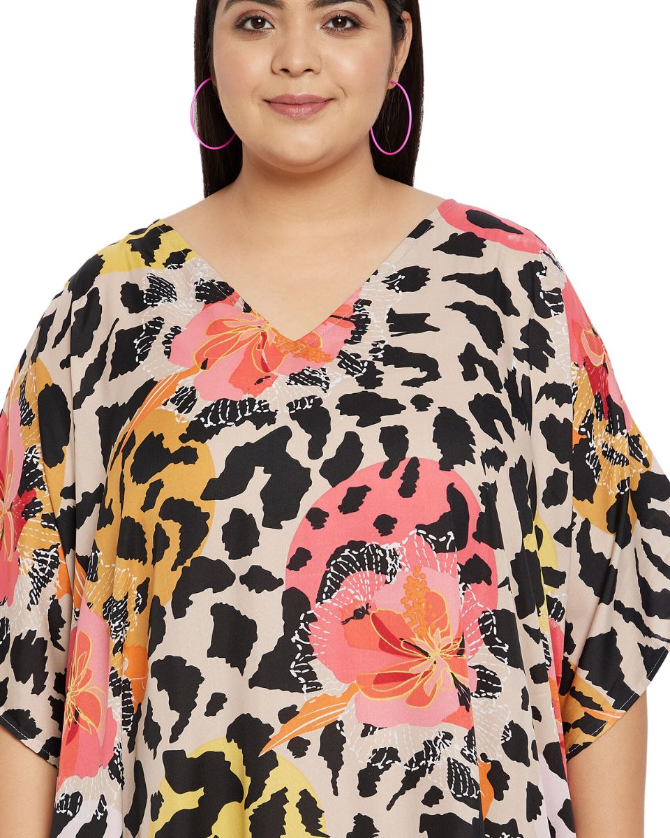 Floral And Animal Printed Multicolor Plus Size Polyester Kaftan For Women