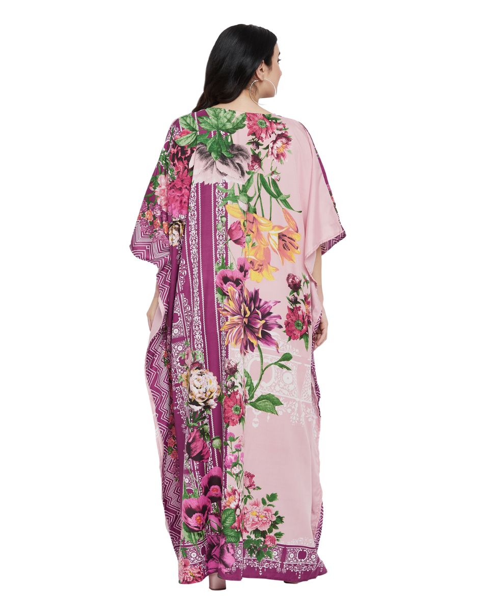 Floral Printed Pink Polyester Kaftan Dress for Women