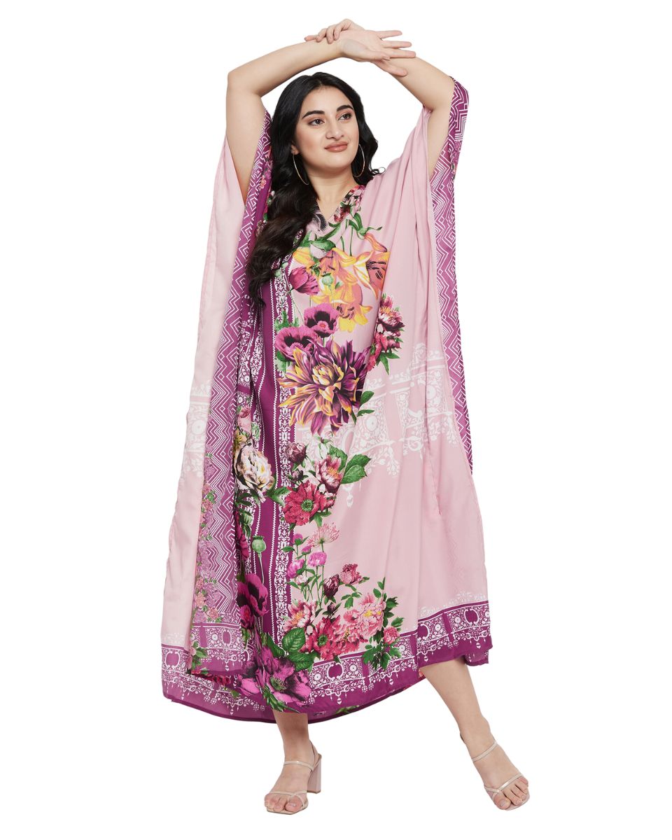 Floral Printed Pink Polyester Kaftan Plus Size Dress For Women