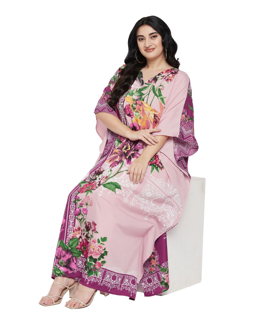 Floral Printed Pink Polyester Kaftan Dress for Women