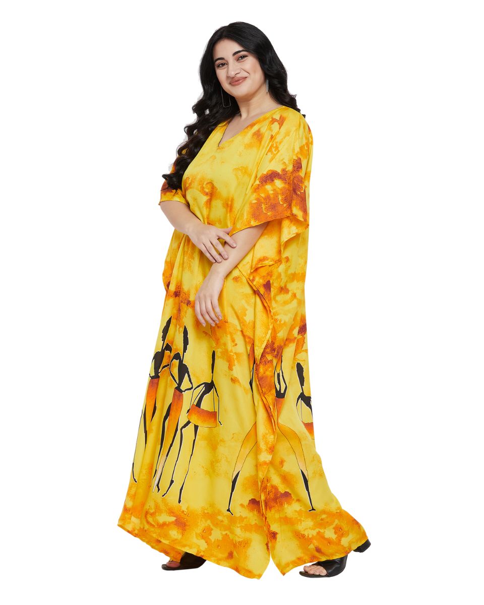 Yellow Tribal Printed Polyester Kaftan For Plus Size Women